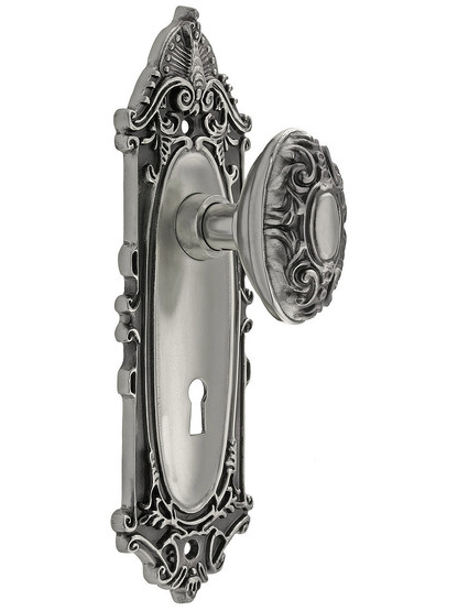 Largo Design Mortise Lock Set With Decorative Oval Knobs in Antique Pewter.